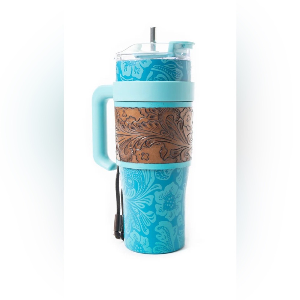 NWT Myra Western Travel Mug w/ Lid + Handle Hand Tooled Leather Wrap & Straw - Picture 3 of 3